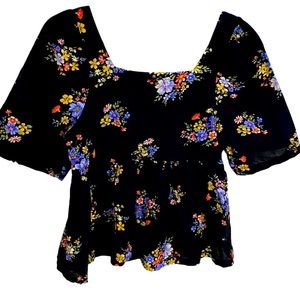 AE Short Black Floral Square Neck Babydoll. S